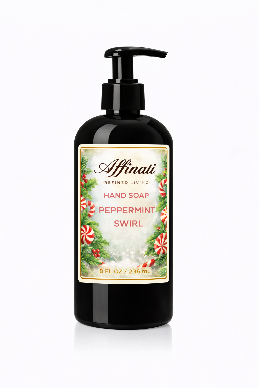 A black pump bottle of Peppermint Swirl liquid hand soap featuring a festive holiday label with holly and candy canes.