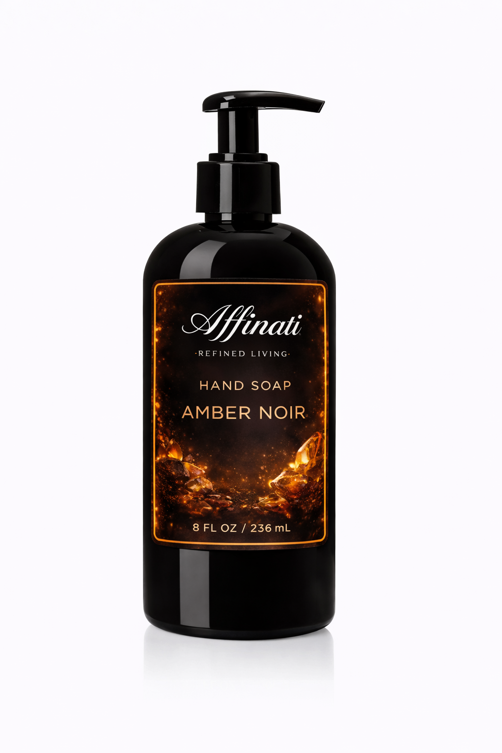 Amber Noir scented liquid hand soap in a black pump bottle, 8 fluid ounces