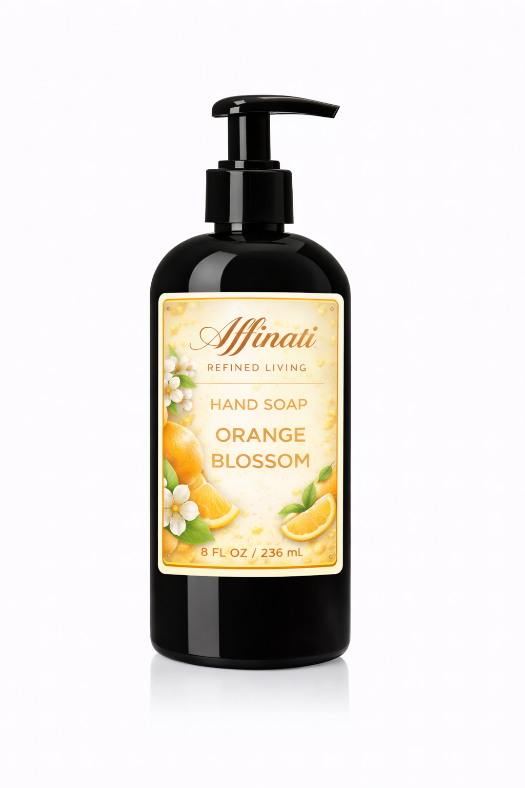 A black pump bottle of Affinati Orange Blossom Hand Soap with a decorative label featuring orange fruit and blossoms.