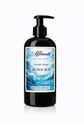 Black Sea hand soap in a black pump bottle with a blue ocean graphic label