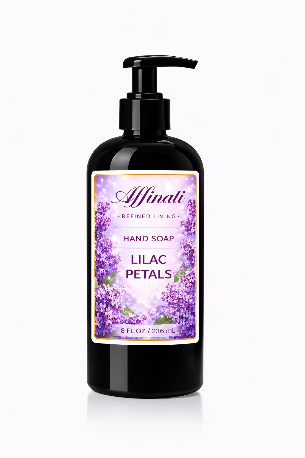 A black pump bottle of Affinati Lilac Petals liquid hand soap featuring a label with purple lilac flowers.