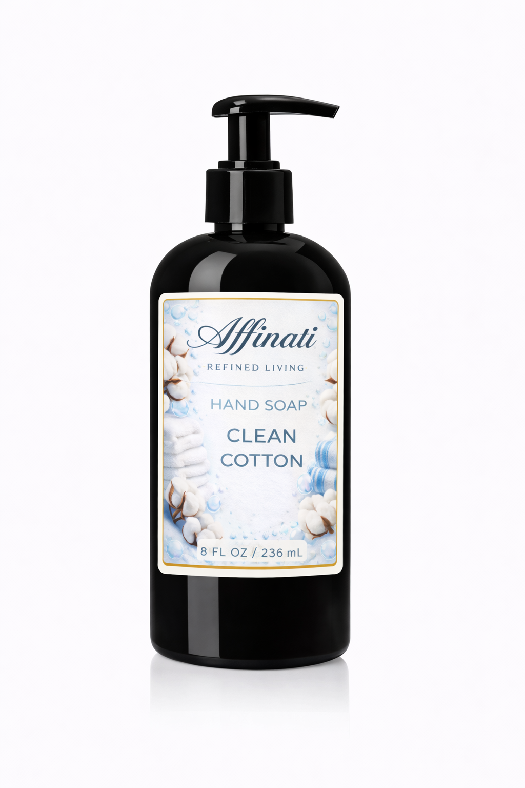 A black pump bottle of Clean Cotton scented liquid hand soap featuring a label with cotton flower imagery.