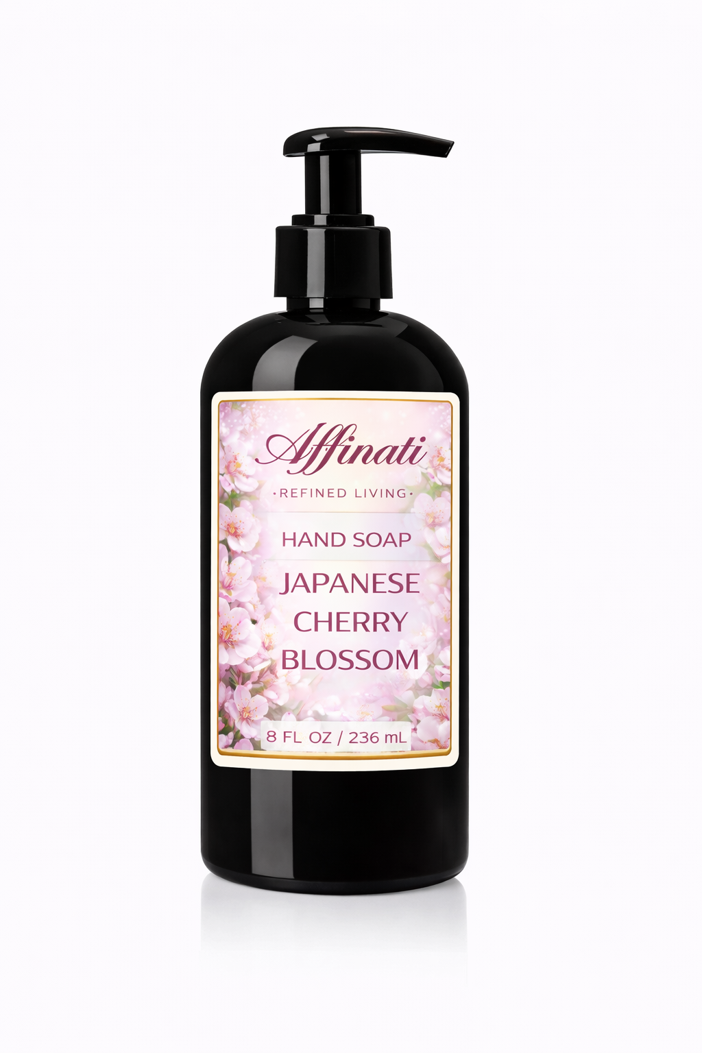 Bottle of Japanese Cherry Blossom liquid hand soap with floral design