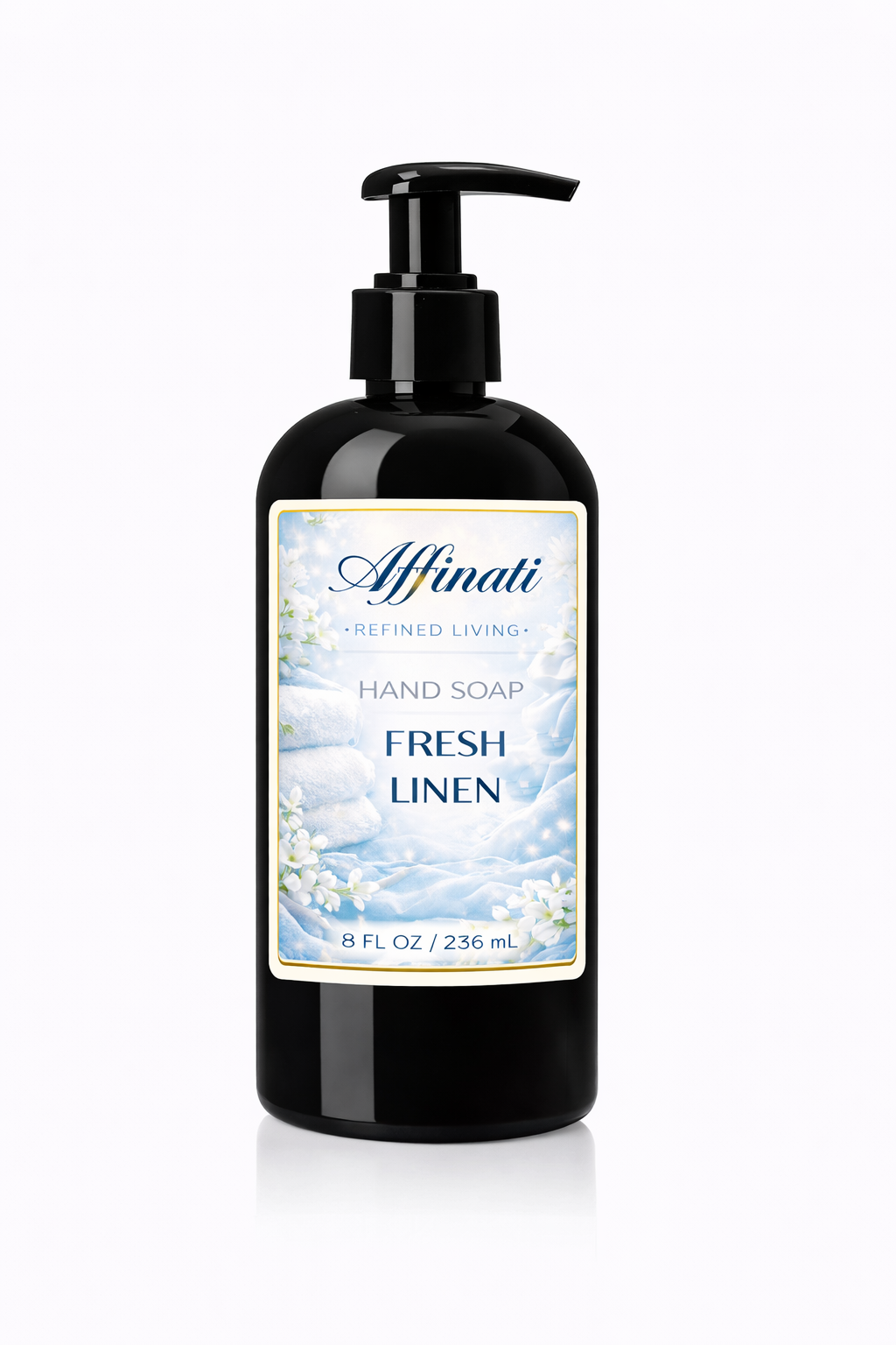 A black pump bottle of Fresh Linen scented hand soap, 8 fl oz, against a white background.