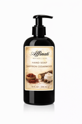A black pump bottle of Affinati Saffron Cedarwood hand soap on a white background.