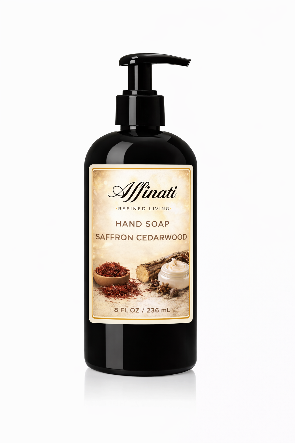 A black pump bottle of Affinati Saffron Cedarwood hand soap on a white background.