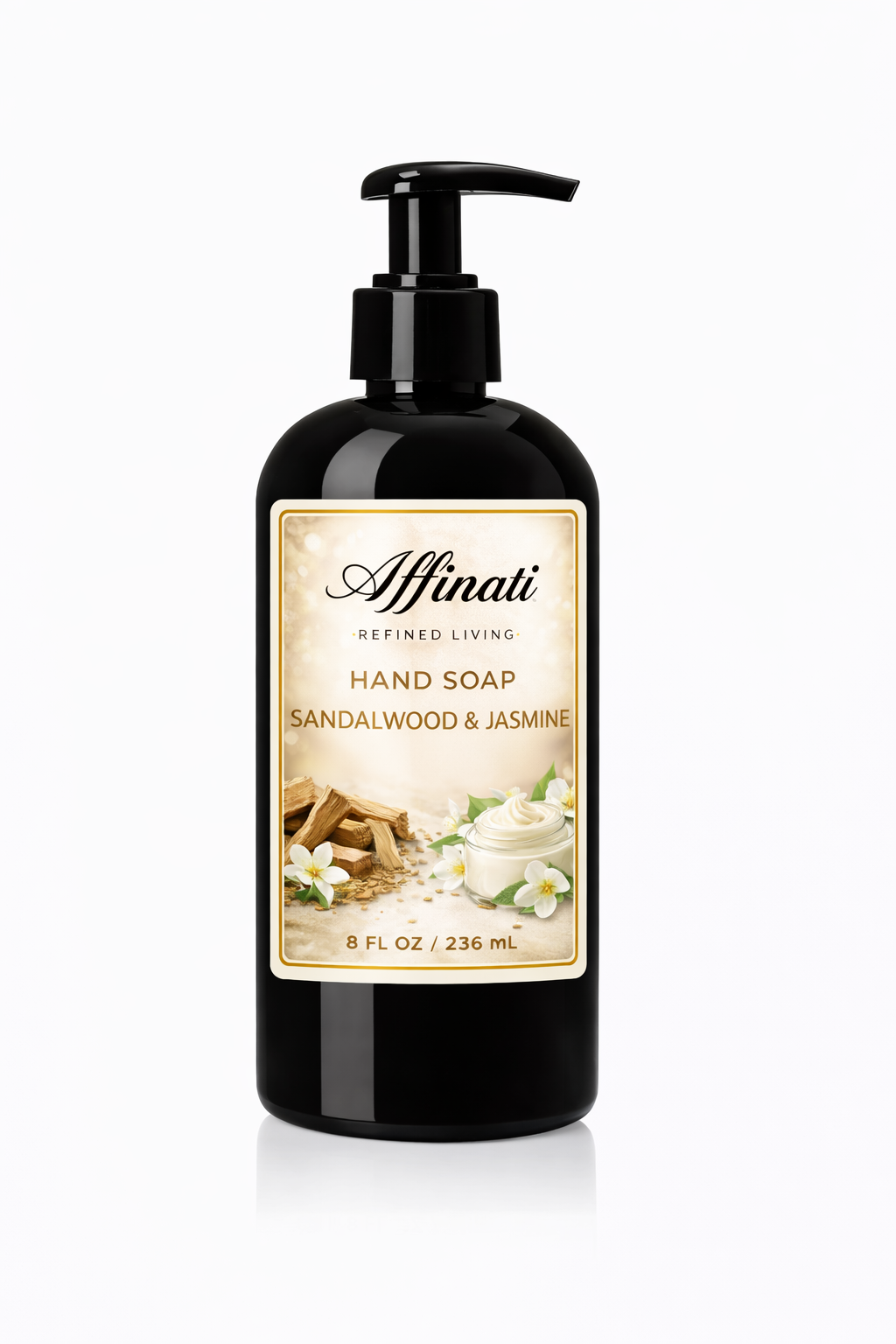 A black pump bottle of Affinati Sandalwood & Jasmine hand soap on a white background.