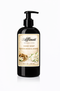 A black pump bottle of Affinati Sandalwood & Jasmine hand soap on a white background.