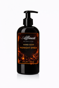 Midnight Ember liquid hand soap in a black 8 fl oz pump bottle with fire-themed label
