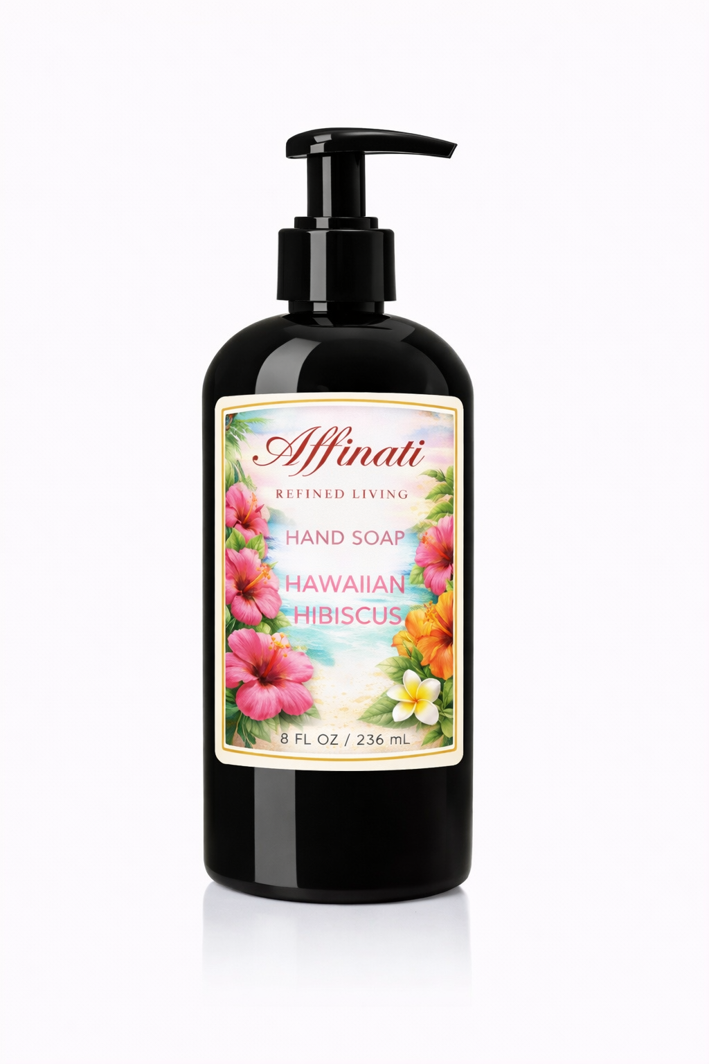 A black pump bottle of Affinati Hawaiian Hibiscus hand soap with a tropical floral label design.