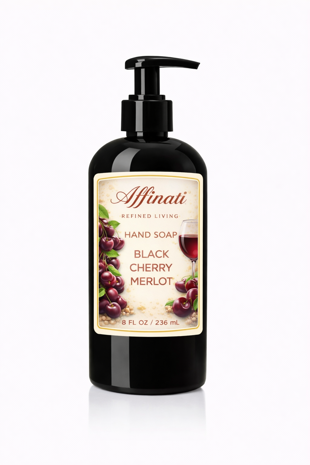 Black Cherry Merlot scented liquid hand soap in an 8 oz black pump bottle