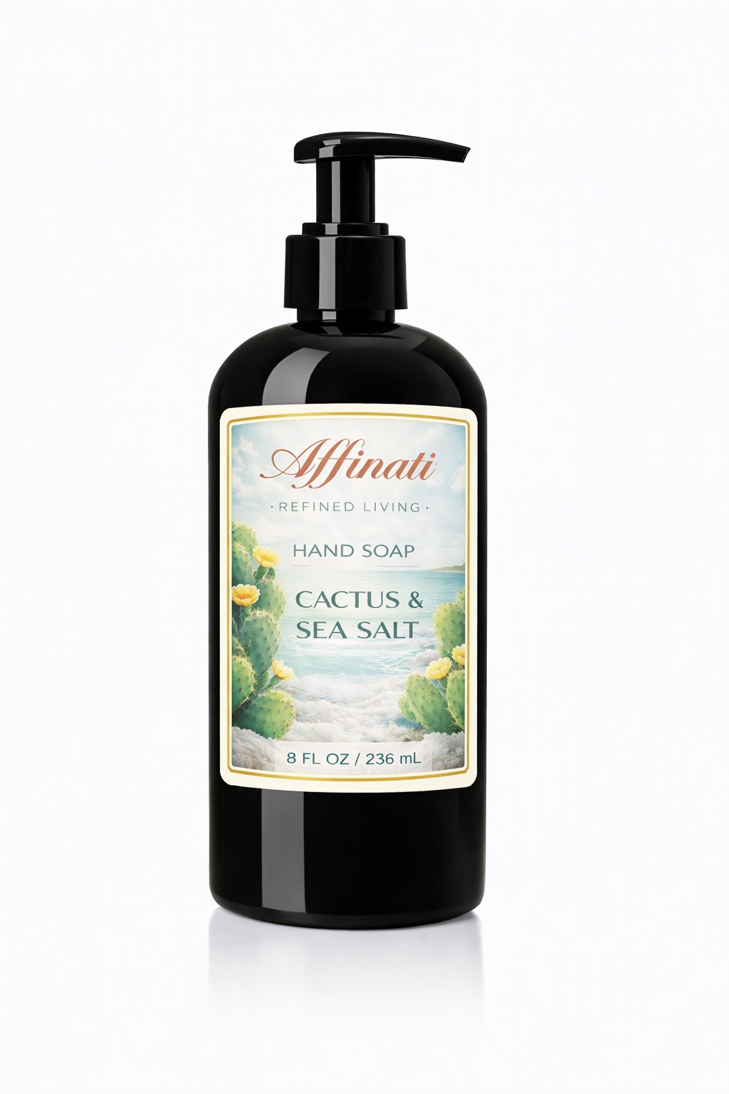 A black bottle of Affinati Cactus & Sea Salt liquid hand soap with a pump dispenser against a white background.