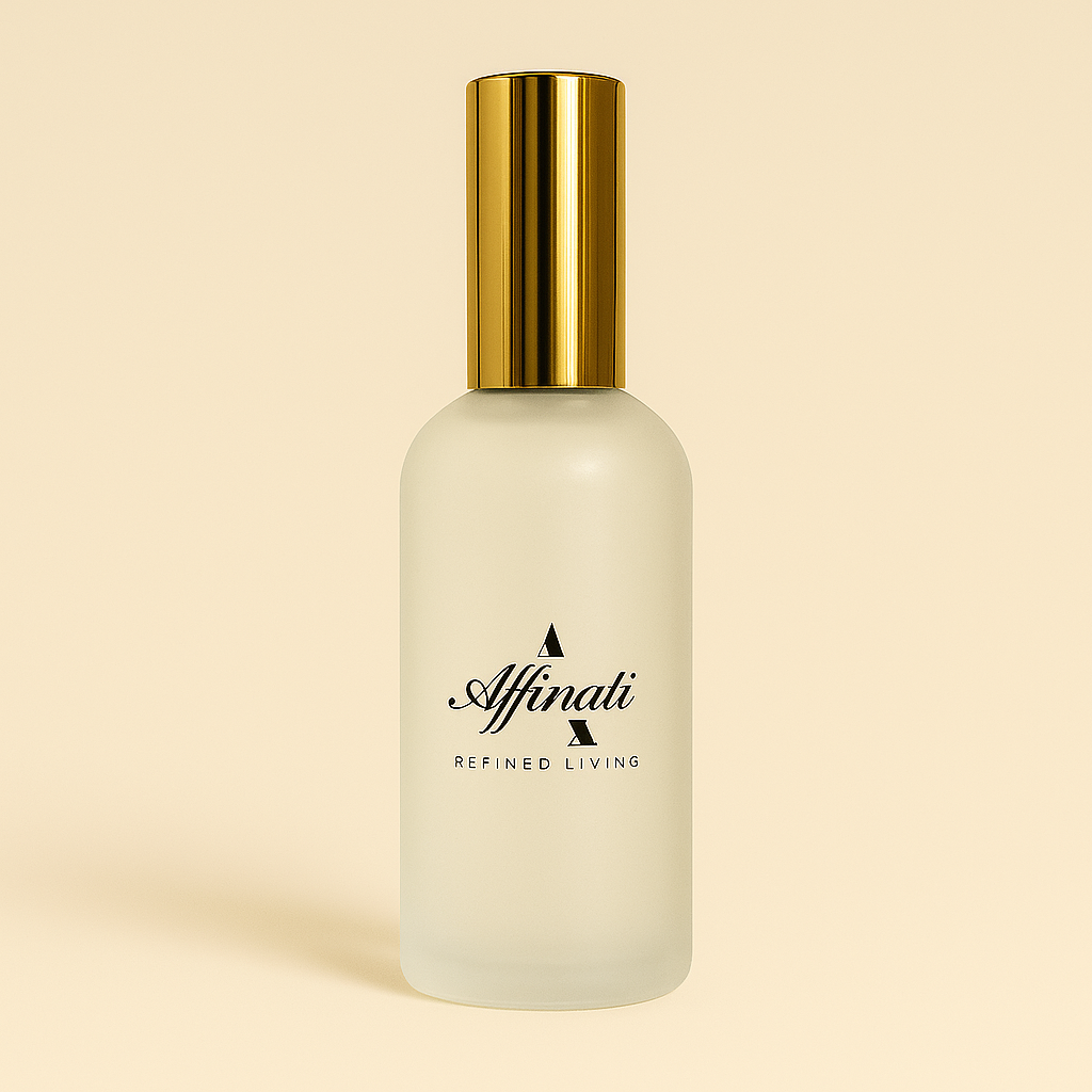 A 4 oz bottle of white tea room and linen spray with a frosted glass body and gold cap.