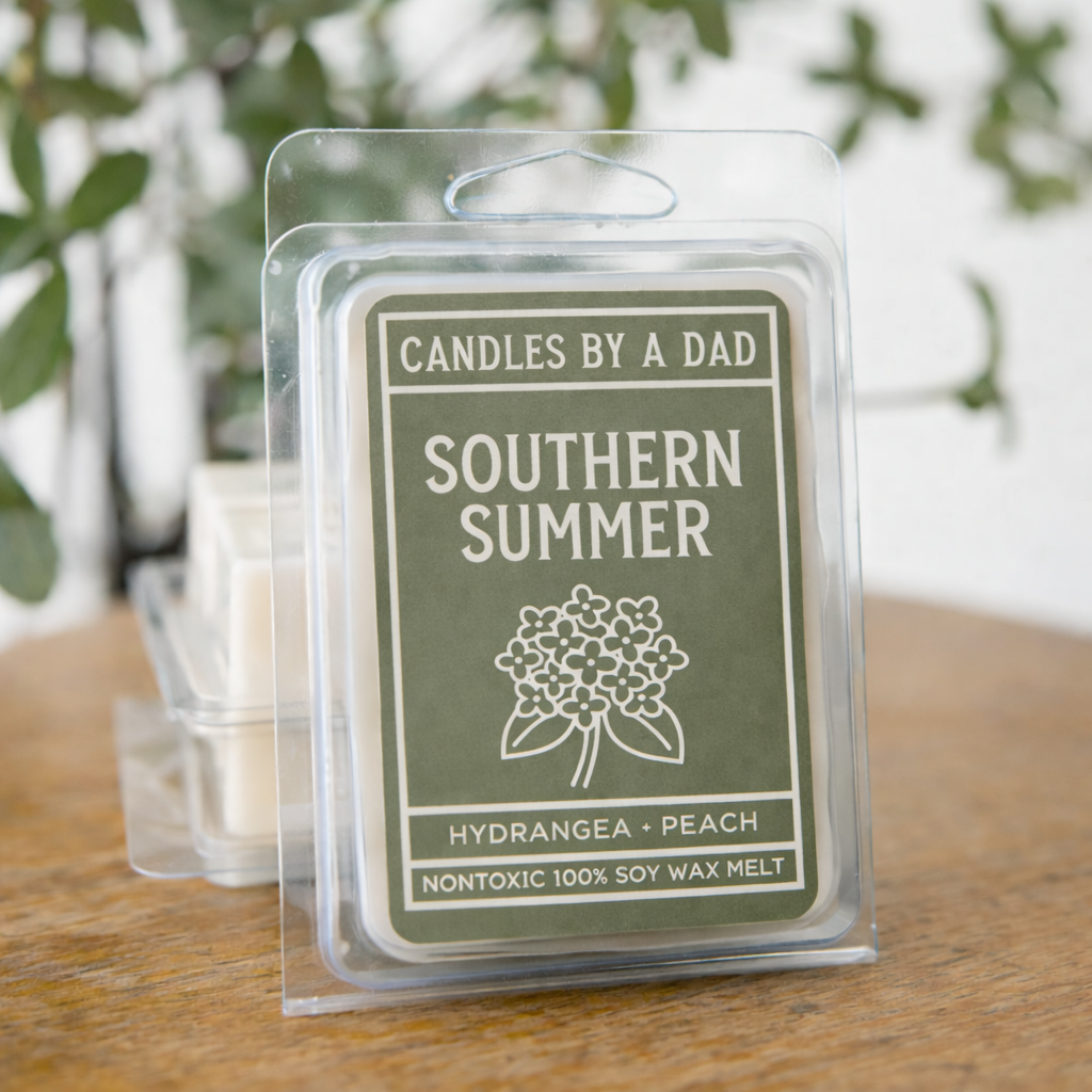 Southern Summer soy wax melt package on a wooden table with floral background