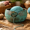 Isabelle Collection wooden yarn bowl in a patina blue and green finish for knitting and crochet