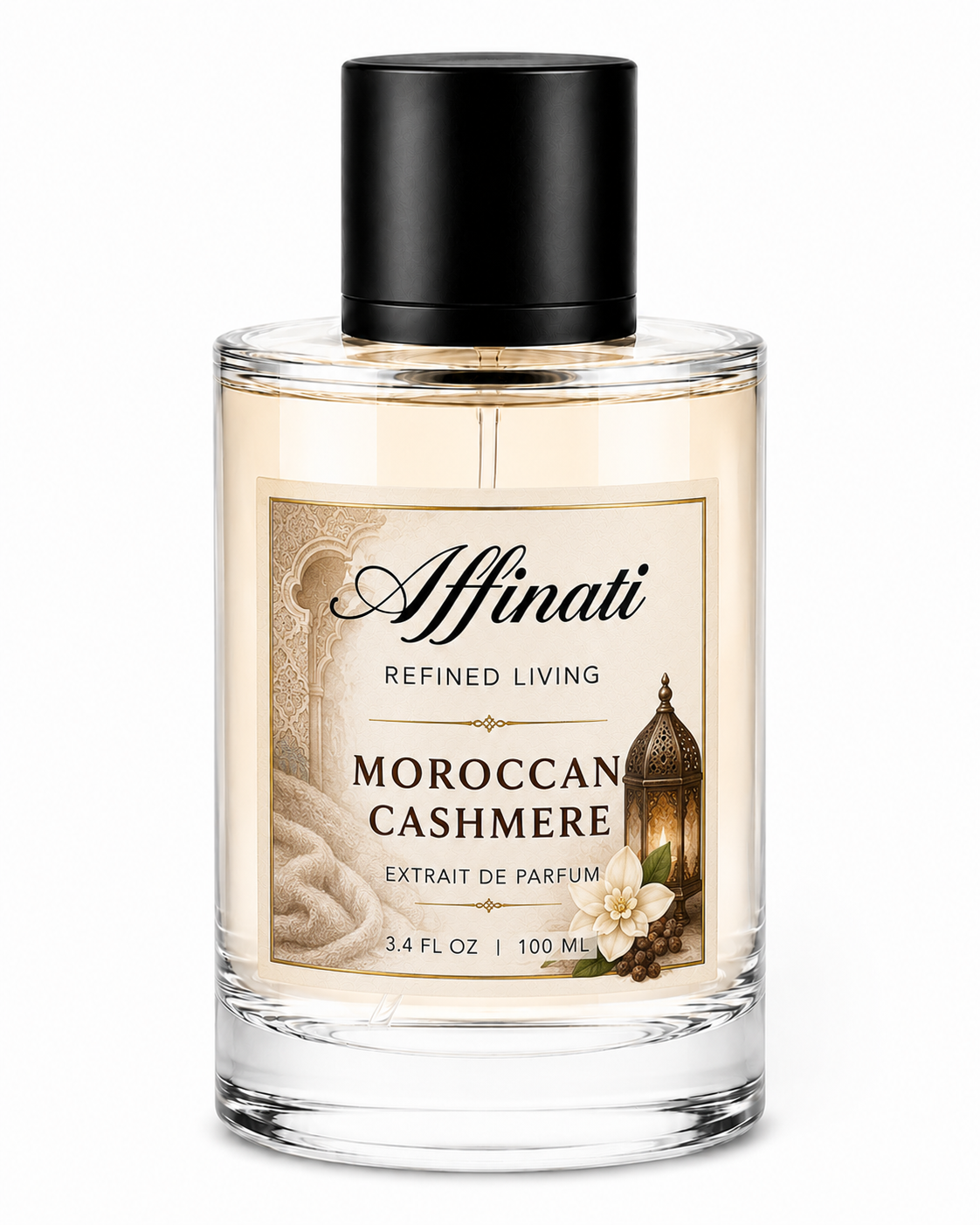 Elegant transparent and beige bottle of Moroccan Cashmere Extrait de Parfum