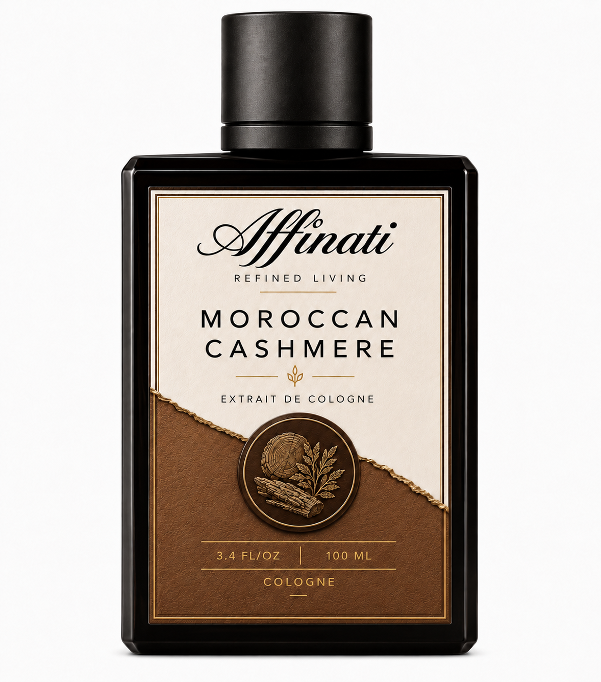 A 100 ml bottle of Moroccan Cashmere Extrait de Cologne in minimalist black, cream, and brown packaging.