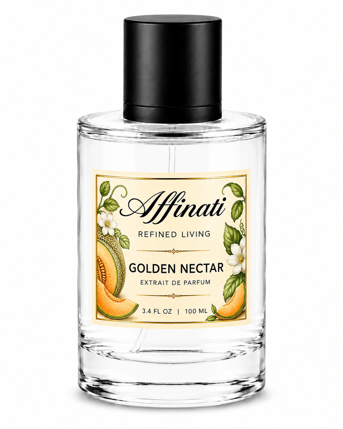 Minimalist bottle of Golden Nectar Extrait de Parfum, clear glass with gold accents.