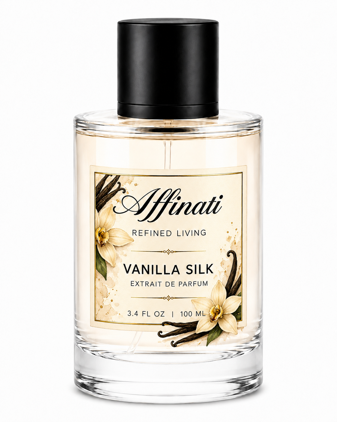 Elegant 100 ml bottle of Vanilla Silk Extrait de Parfum in clear and pale-yellow tones.