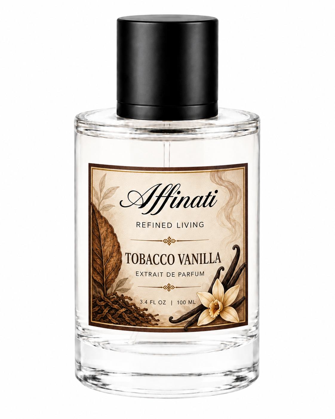 Minimalist clear glass bottle of Affinati Tobacco Vanilla Extrait de Parfum with black accents.