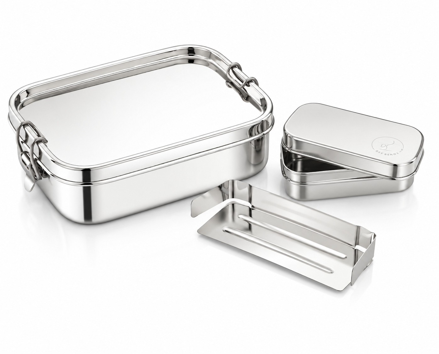 Large silver stainless steel leakproof lunch box with a removable divider and small inner container.