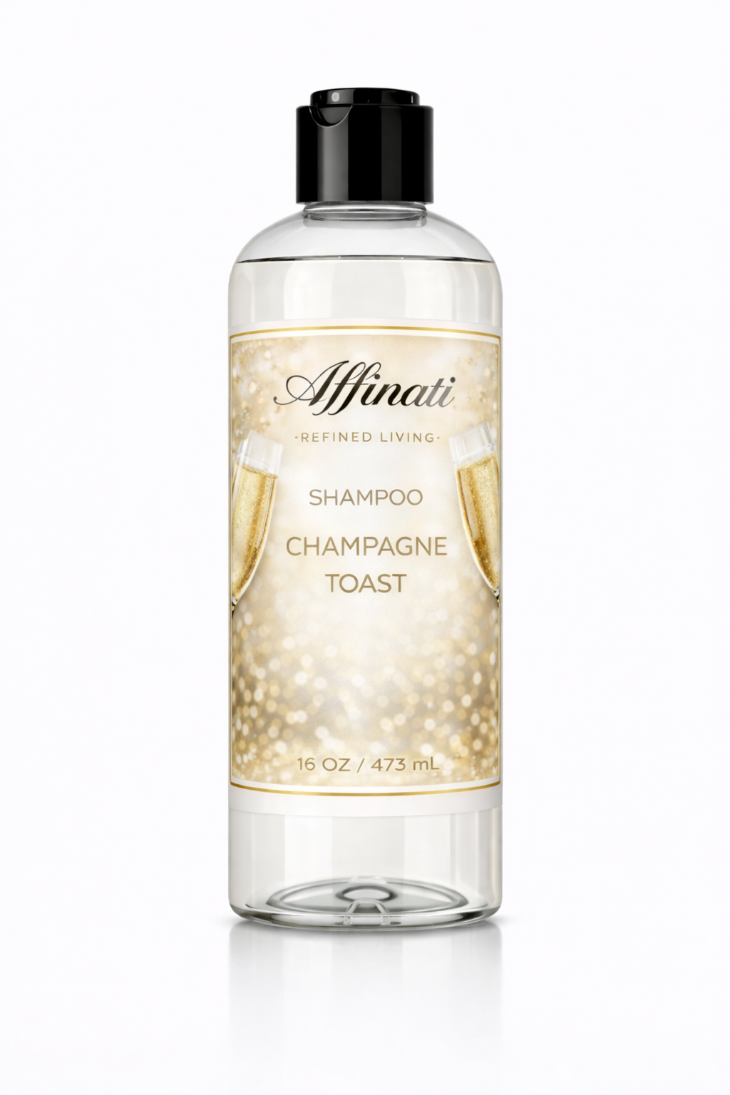 A 16 ounce bottle of Affinati Champagne Toast sulfate-free aloe shampoo.