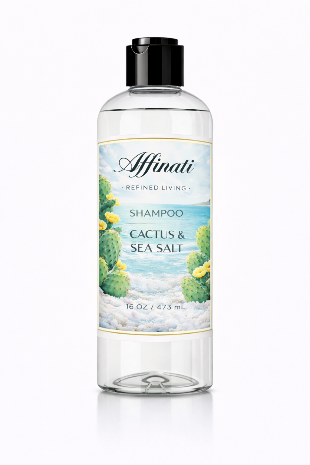 A 16 oz bottle of Affinati Cactus and Sea Salt Shampoo with a clear bottle and beach-themed label.
