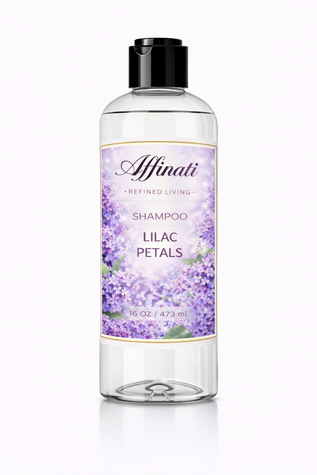 A 16 oz bottle of Lilac Petals shampoo featuring a floral label with purple lilac flowers against a white background.
