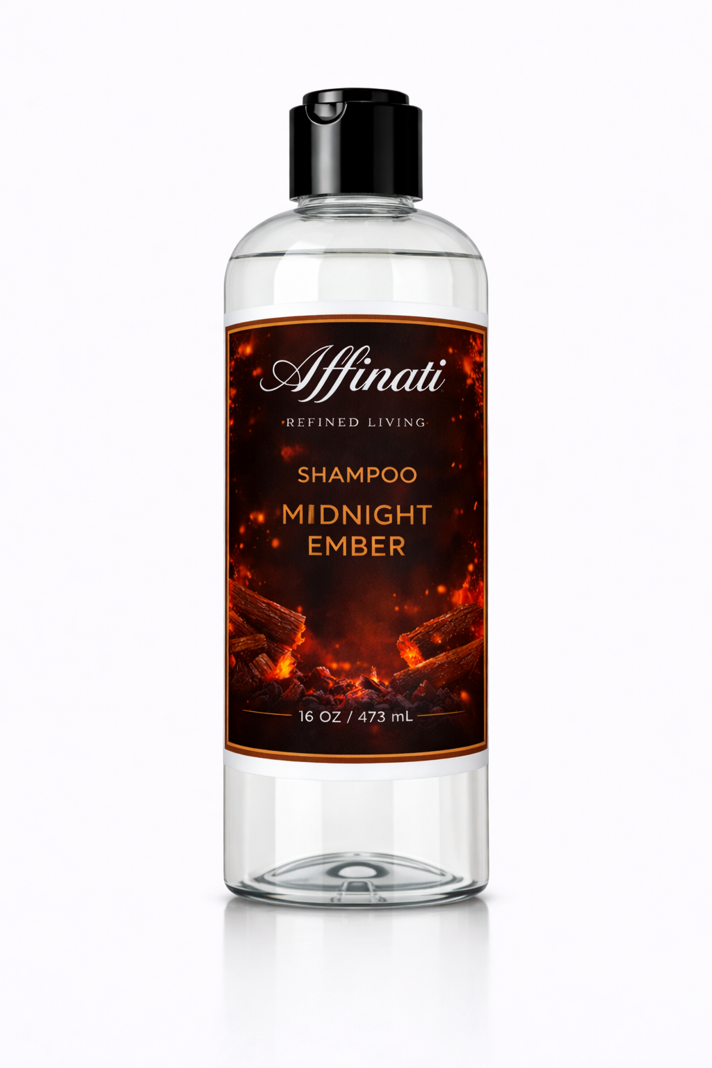 A 16oz bottle of Midnight Ember sulfate-free hair shampoo with a dark wood and fire aesthetic label.
