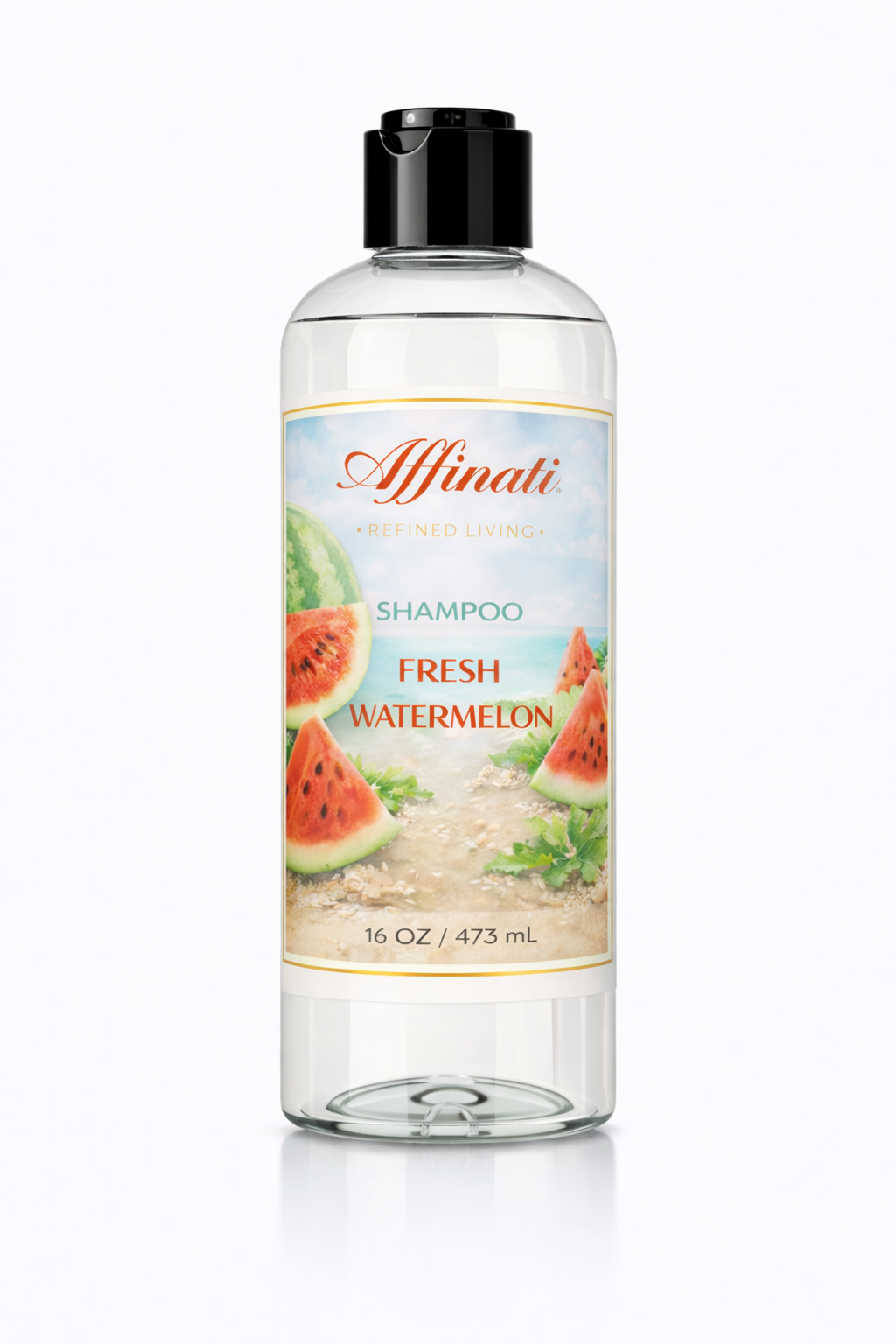 Bottle of Affinati Fresh Watermelon Shampoo with a beach-themed label showing watermelon slices on sand