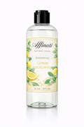 A clear 16 oz bottle of Affinati Lemon Eucalyptus sulfate-free shampoo with a label featuring lemon and eucalyptus imagery.