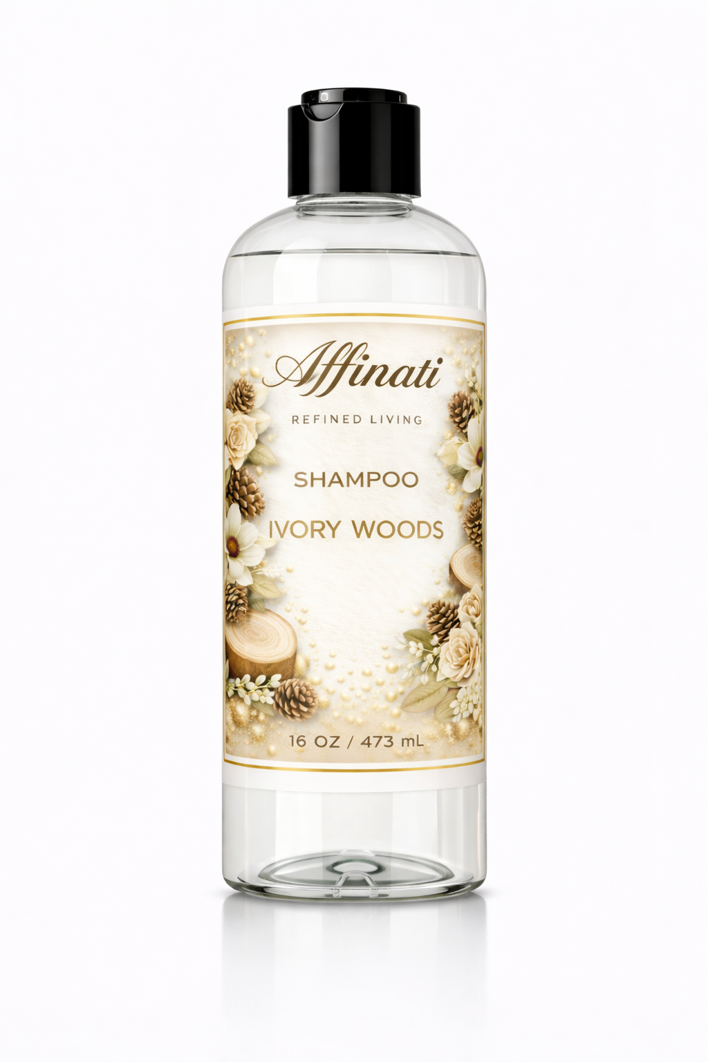 A bottle of Ivory Woods sulfate-free shampoo with botanical label design