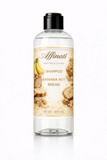 A 16 oz bottle of Affinati Banana Nut Bread Shampoo with a clear bottle and labels featuring illustrations of bananas and nut bread.