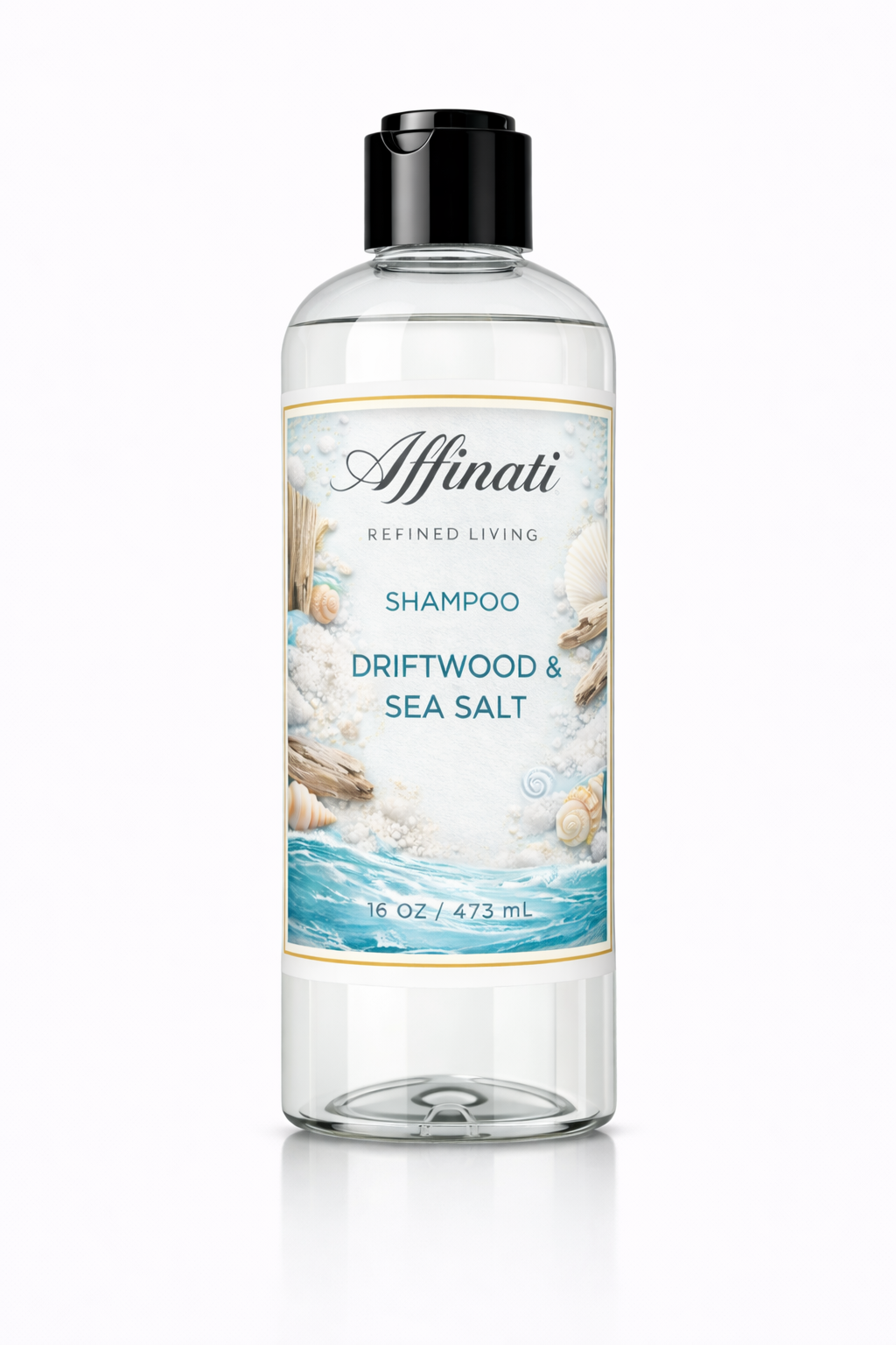 16 oz bottle of Affinati Driftwood and Sea Salt sulfate-free shampoo with coastal beach design