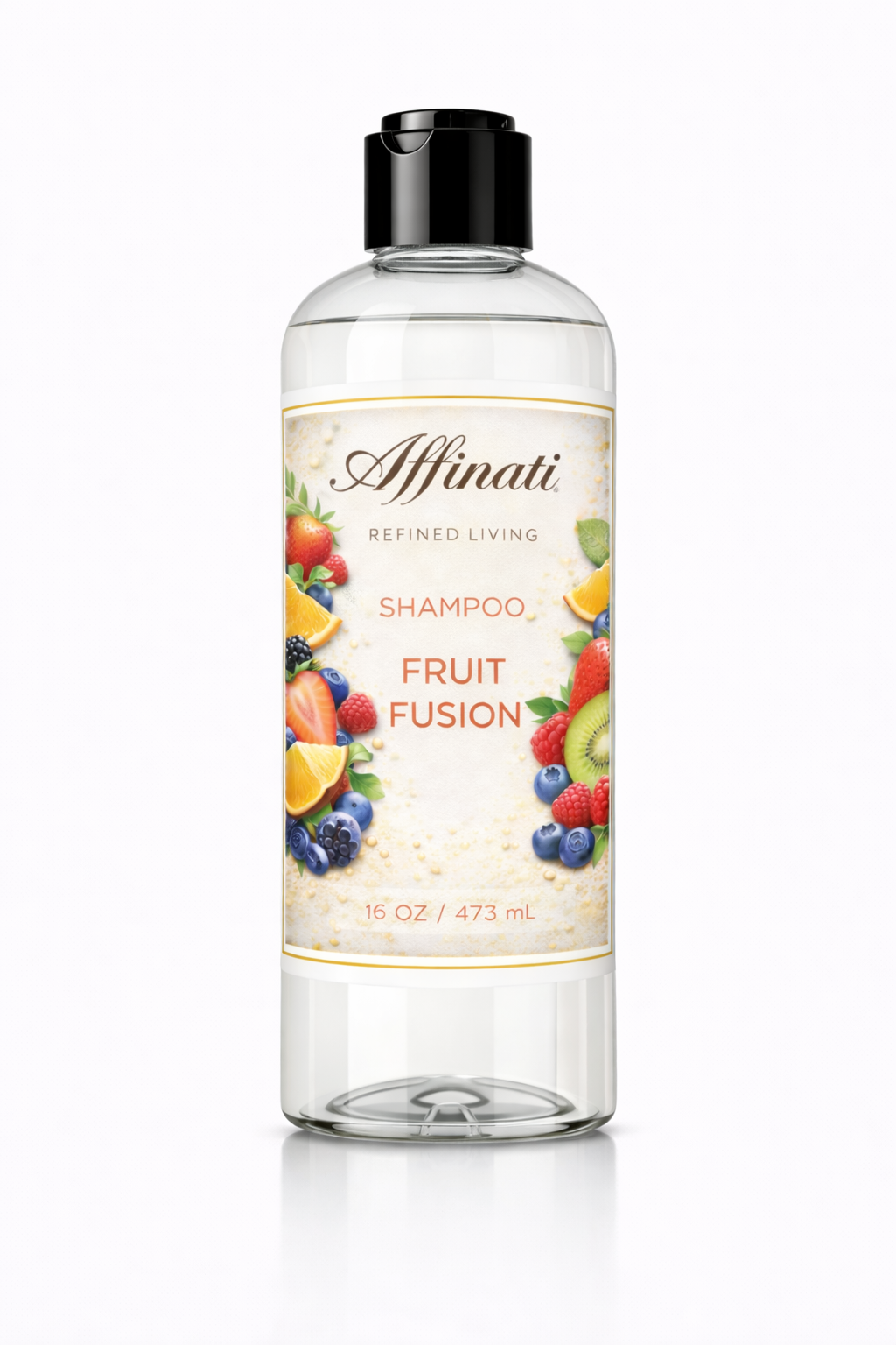 A 16oz bottle of Fruit Fusion Shampoo by Affinati featuring fruit illustrations on the label.