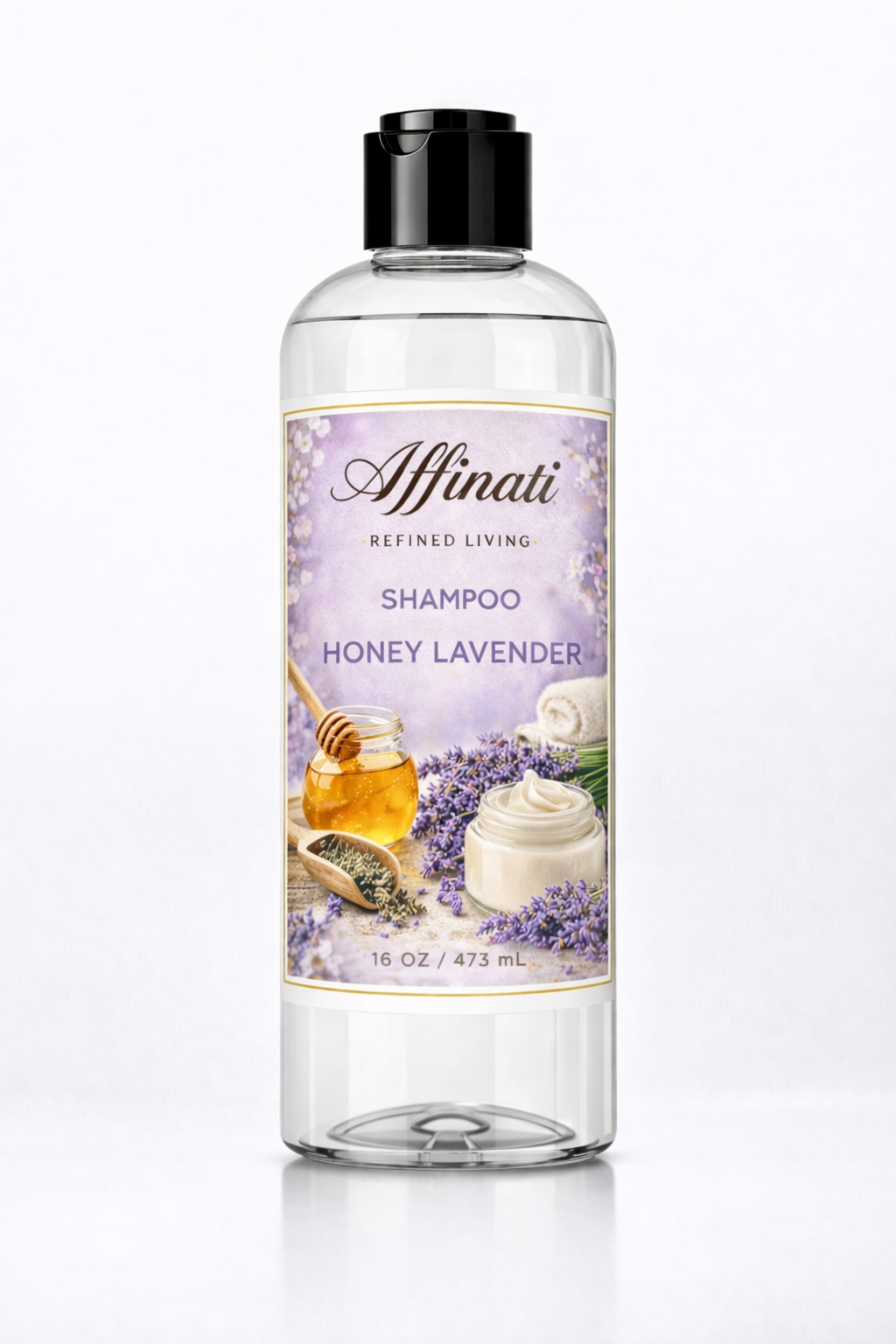 A clear bottle of Affinati Honey Lavender sulfate-free shampoo featuring a label with honey, lavender sprigs, and a cream pot.