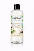 A 16oz clear plastic bottle of Affinati Coconut Dream Shampoo featuring a label with tropical coconut and white flower imagery.