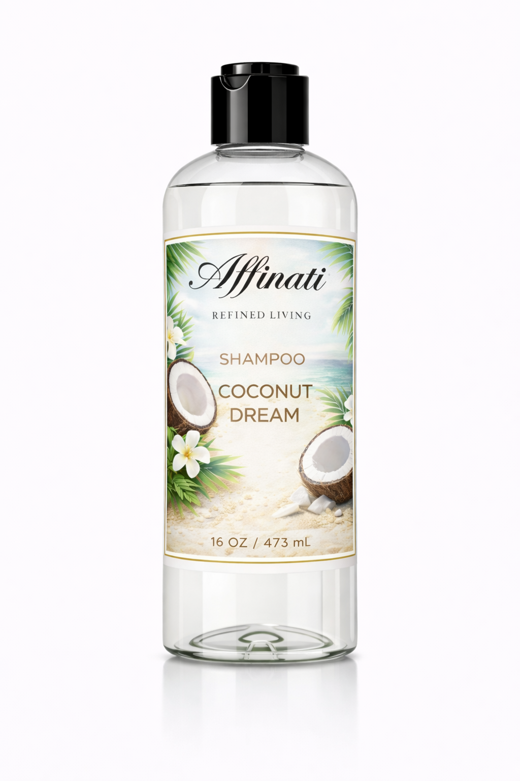 A 16oz clear plastic bottle of Affinati Coconut Dream Shampoo featuring a label with tropical coconut and white flower imagery.