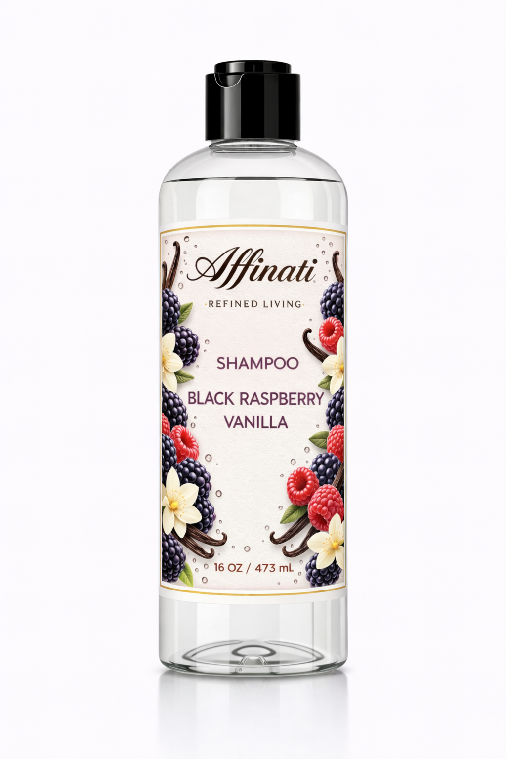 A 16oz bottle of Black Raspberry Vanilla sulfate-free shampoo with a label featuring fruit and vanilla illustrations.