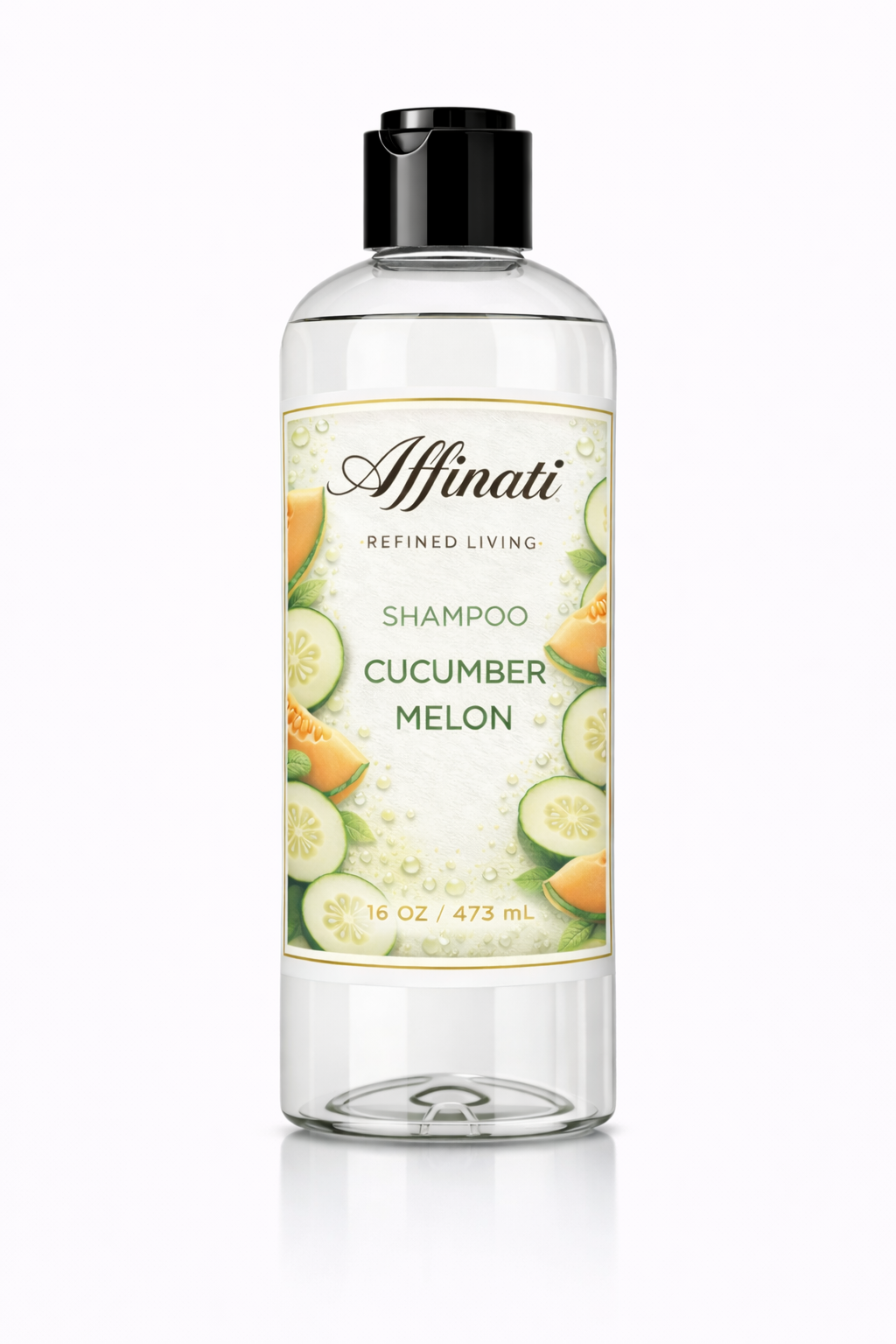 Bottle of Affinati Cucumber Melon Shampoo 16oz with botanical label design