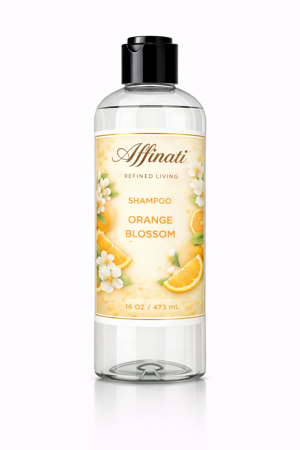 A 16oz bottle of Affinati Orange Blossom shampoo featuring a floral and citrus orange label design.