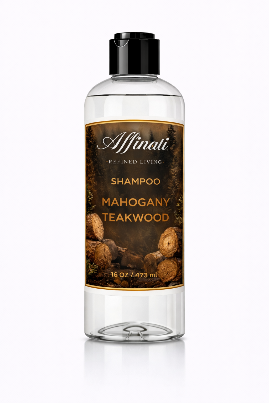 Bottle of Affinati Mahogany Teakwood Shampoo, 16 oz, featuring a forest and wood log design