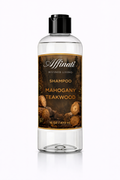 Bottle of Affinati Mahogany Teakwood Shampoo, 16 oz, featuring a forest and wood log design