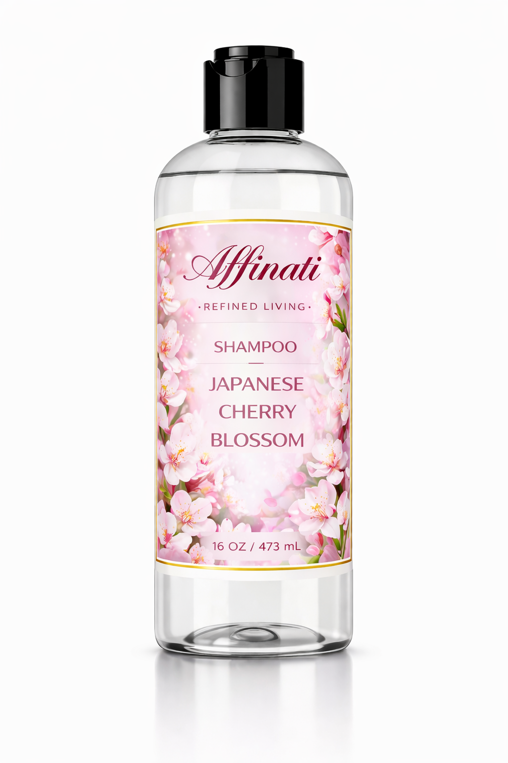 A 16 oz bottle of Japanese Cherry Blossom shampoo with a floral label design and black cap.