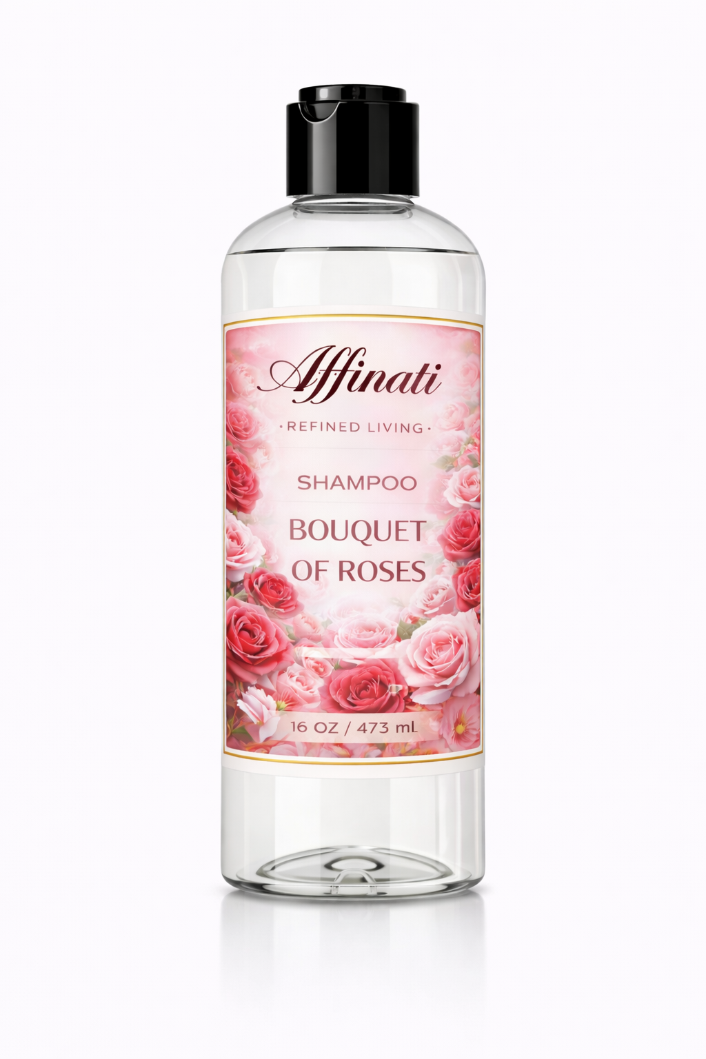 A clear plastic bottle of Bouquet of Roses shampoo with a rose floral label design and black cap.