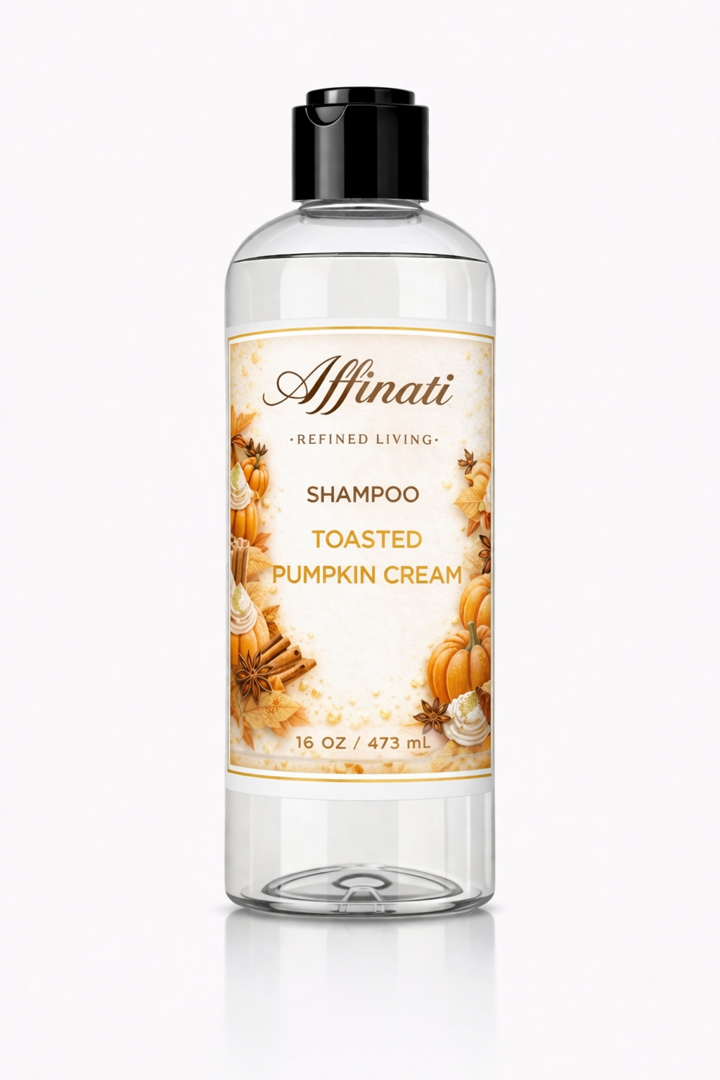 A 16oz bottle of Toasted Pumpkin Cream Shampoo by Affinati with an autumn-themed label showing pumpkins and spices.