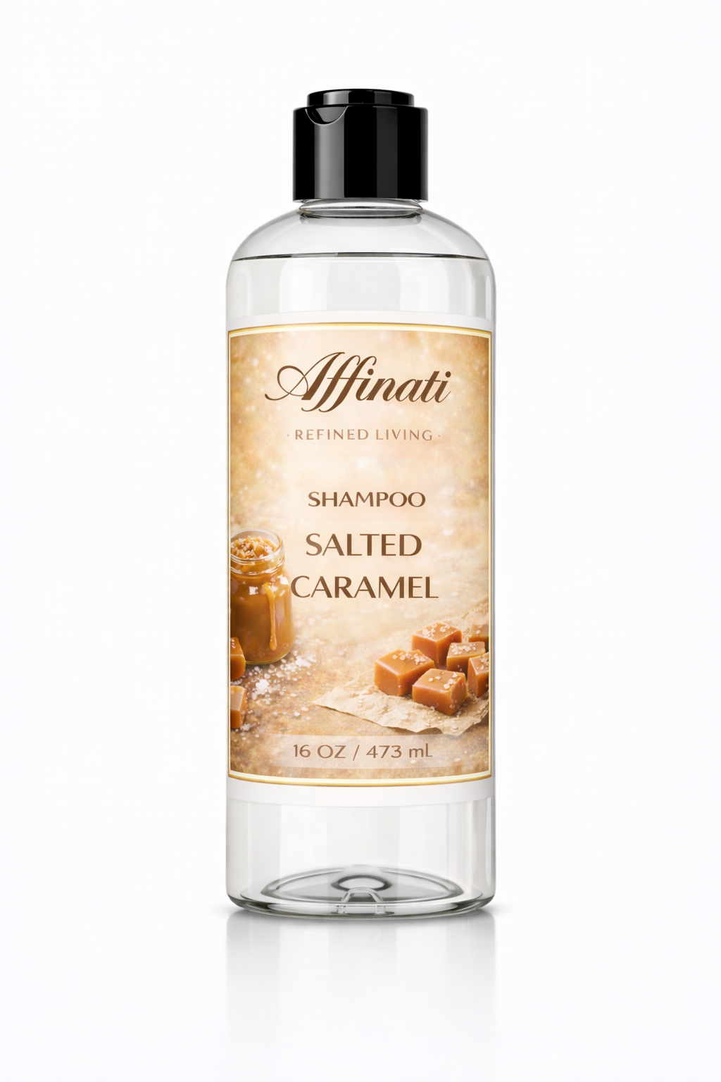 Bottle of Salted Caramel scented, sulfate-free shampoo containing 16 oz or 473 mL.