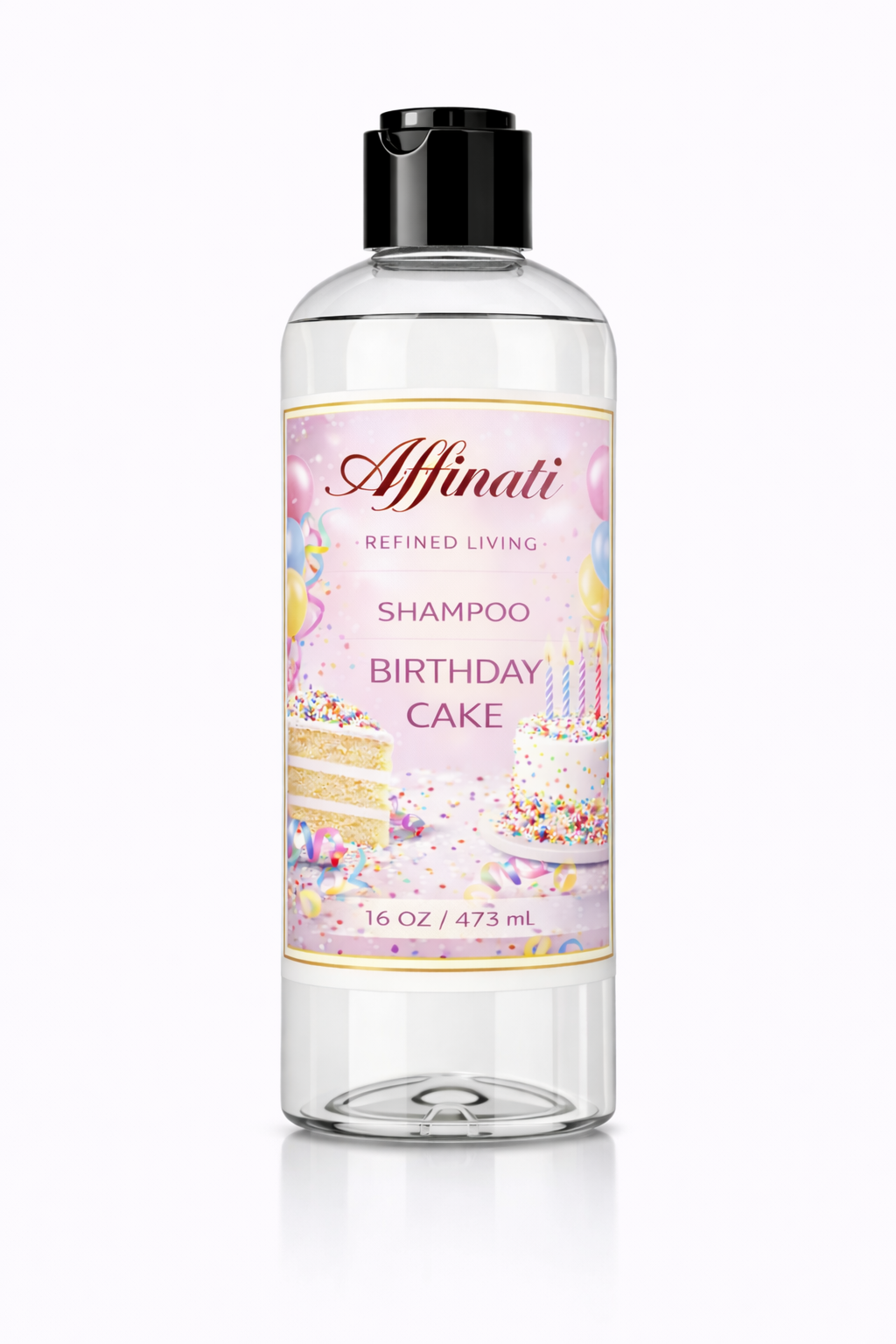 Birthday Cake scented sulfate-free hair cleanser in a 16 oz clear bottle with a festive cake label
