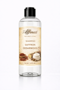 Bottle of Affinati Saffron Cedarwood Shampoo 16oz with botanical imagery