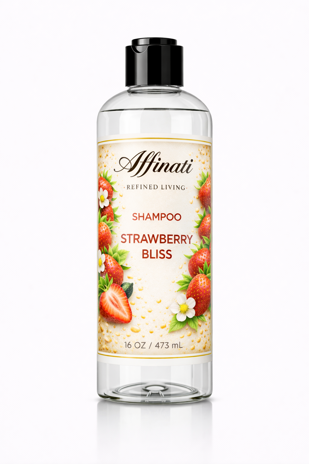 Bottle of Affinati Strawberry Bliss sulfate-free shampoo, 16 oz, featuring strawberry illustrations on the label.